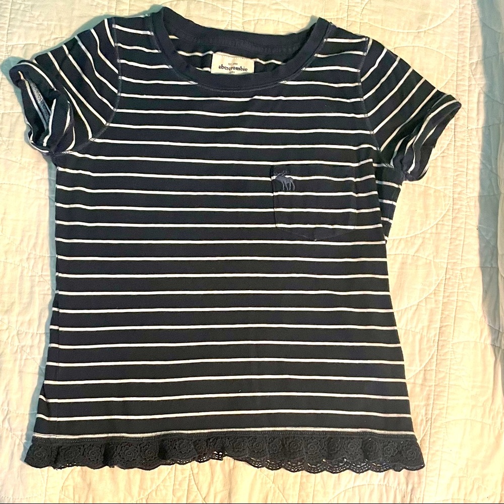 Navy striped T with lace trim